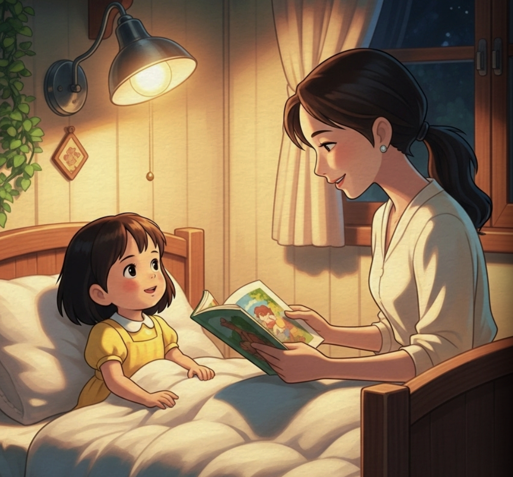 Parent reading a bedtime story to a child