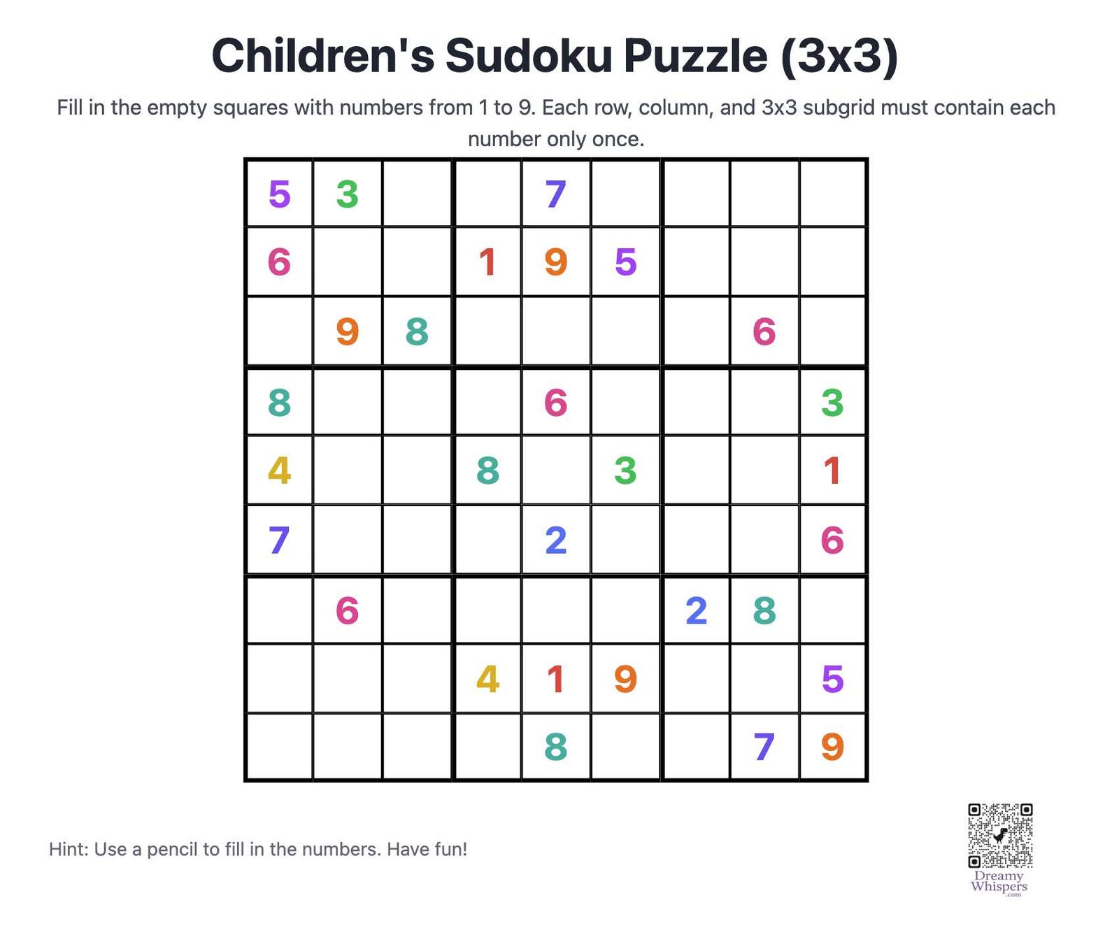 A 3x3 math sudoku puzzle for kids with numbers.