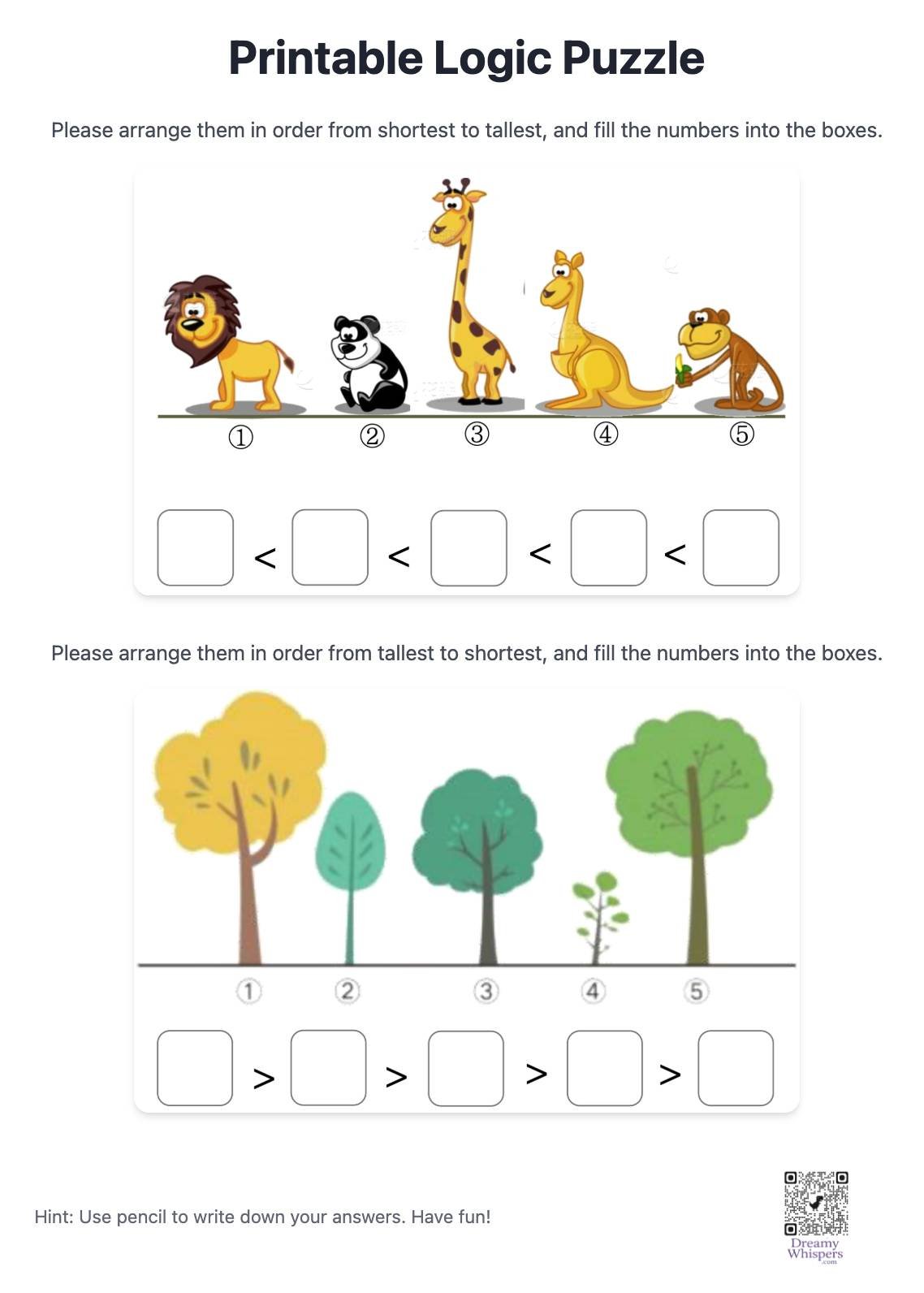 A printable logic puzzle for preschoolers featuring colorful shapes.