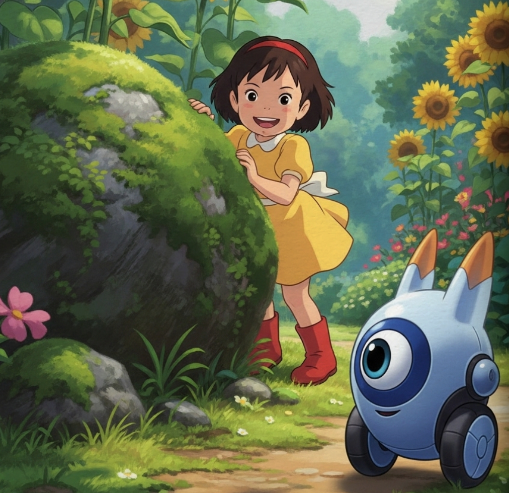 Child interacting with a friendly AI robot